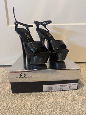 Ellie Black Patent Platform Ankle-Strap Sandals